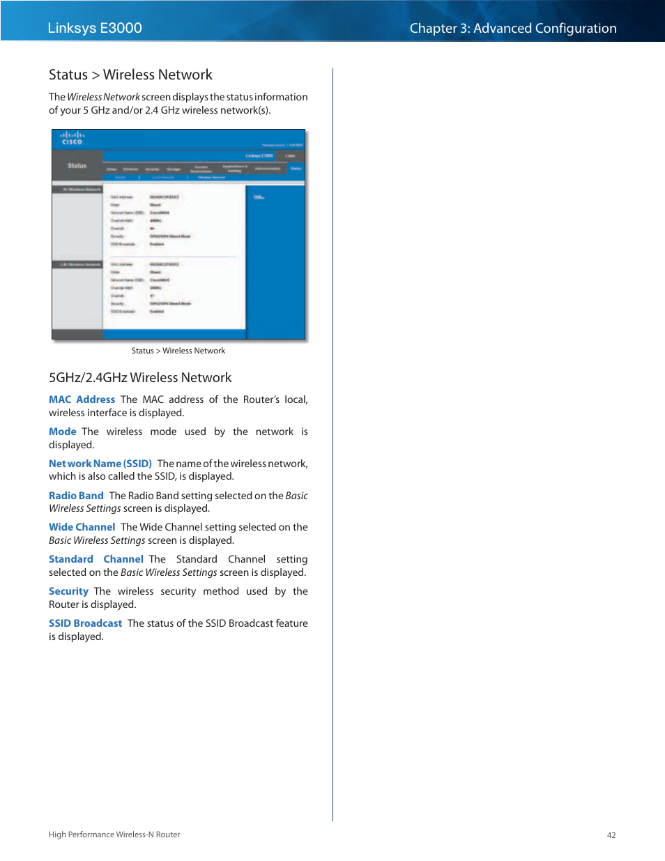Status > wireless network, 5ghz/2 .4ghz wireless network | Linksys E3000 User Manual | Page 45 / 80