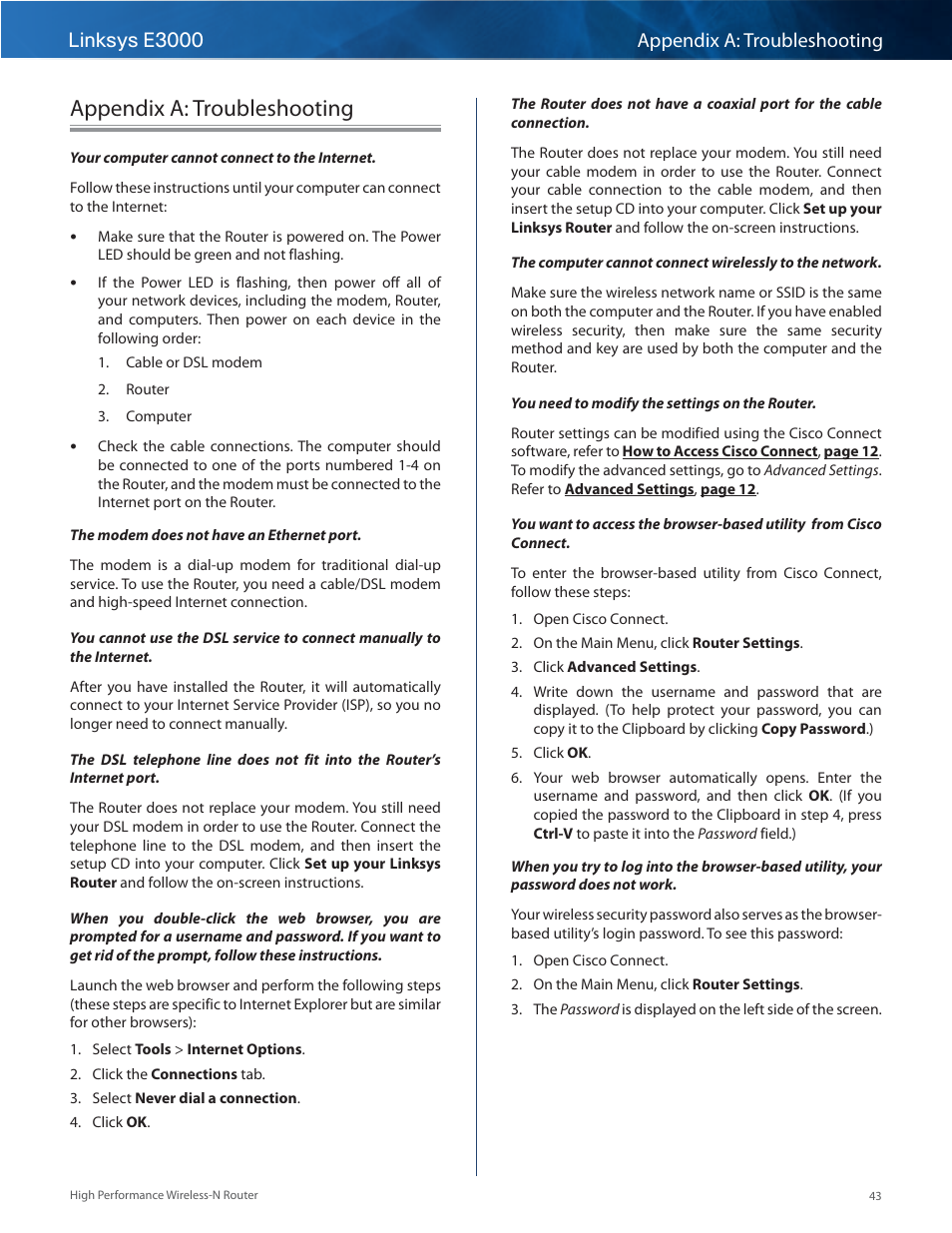 Appendix a: troubleshooting, Linksys e3000 appendix a: troubleshooting | Linksys E3000 User Manual | Page 46 / 80