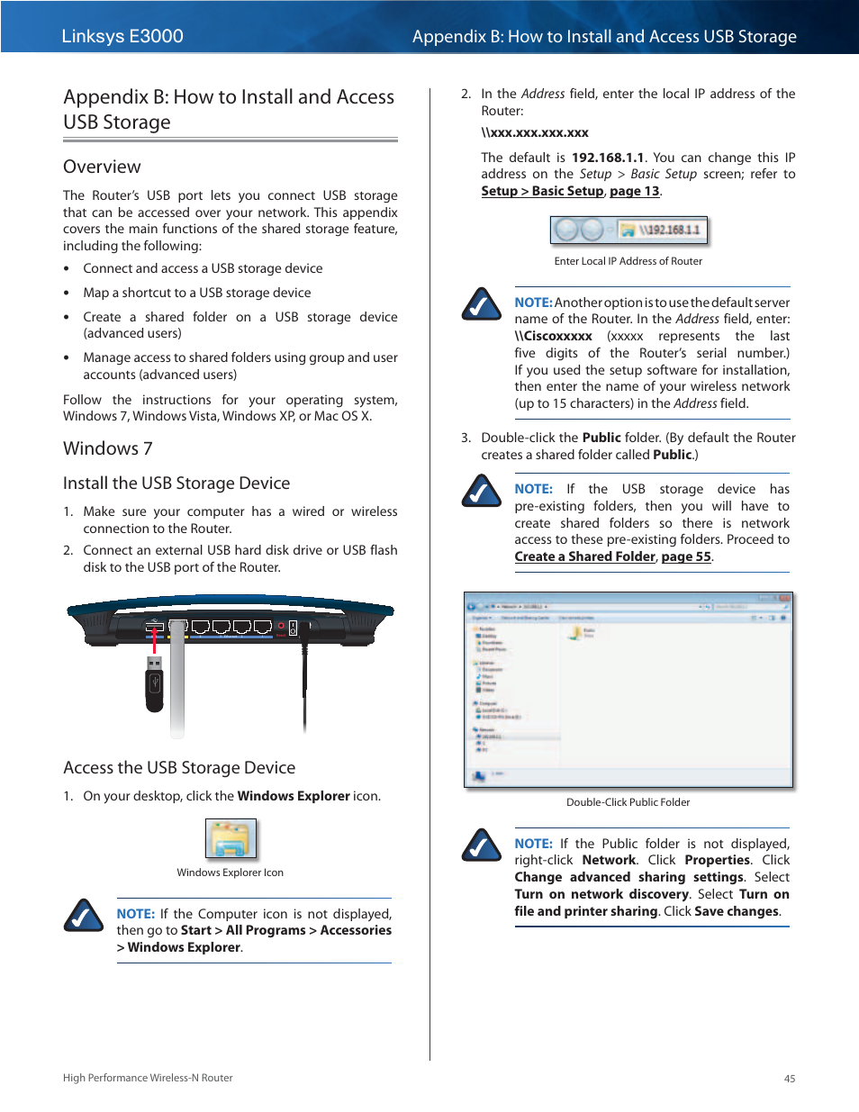 Appendix b: how to install and access usb storage, Overview, Windows 7 | Overview windows 7, Install the usb storage device, Access the usb storage device | Linksys E3000 User Manual | Page 48 / 80