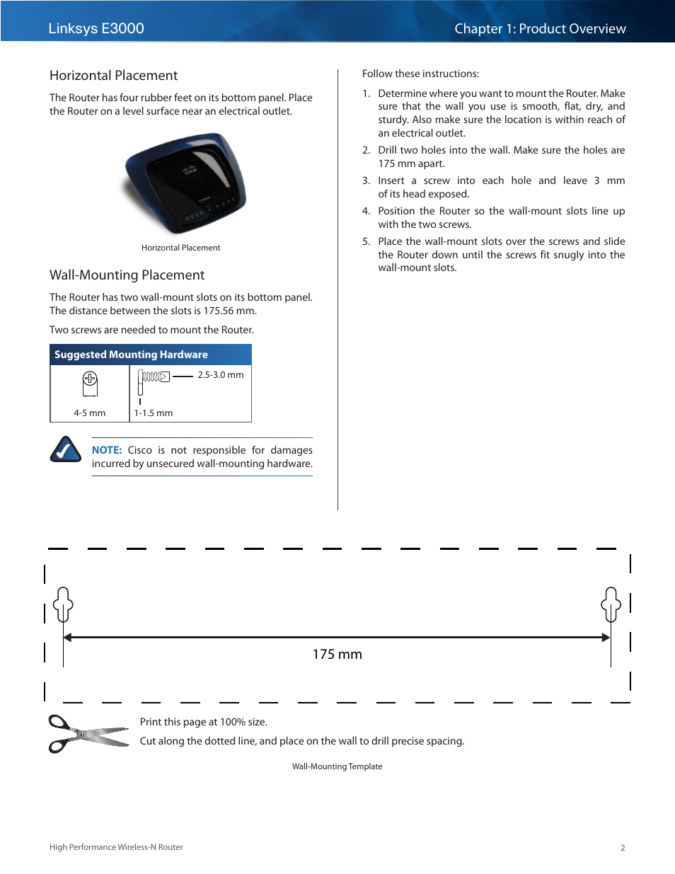 Horizontal placement, Wall-mounting placement, 175 mm | Linksys E3000 User Manual | Page 5 / 80