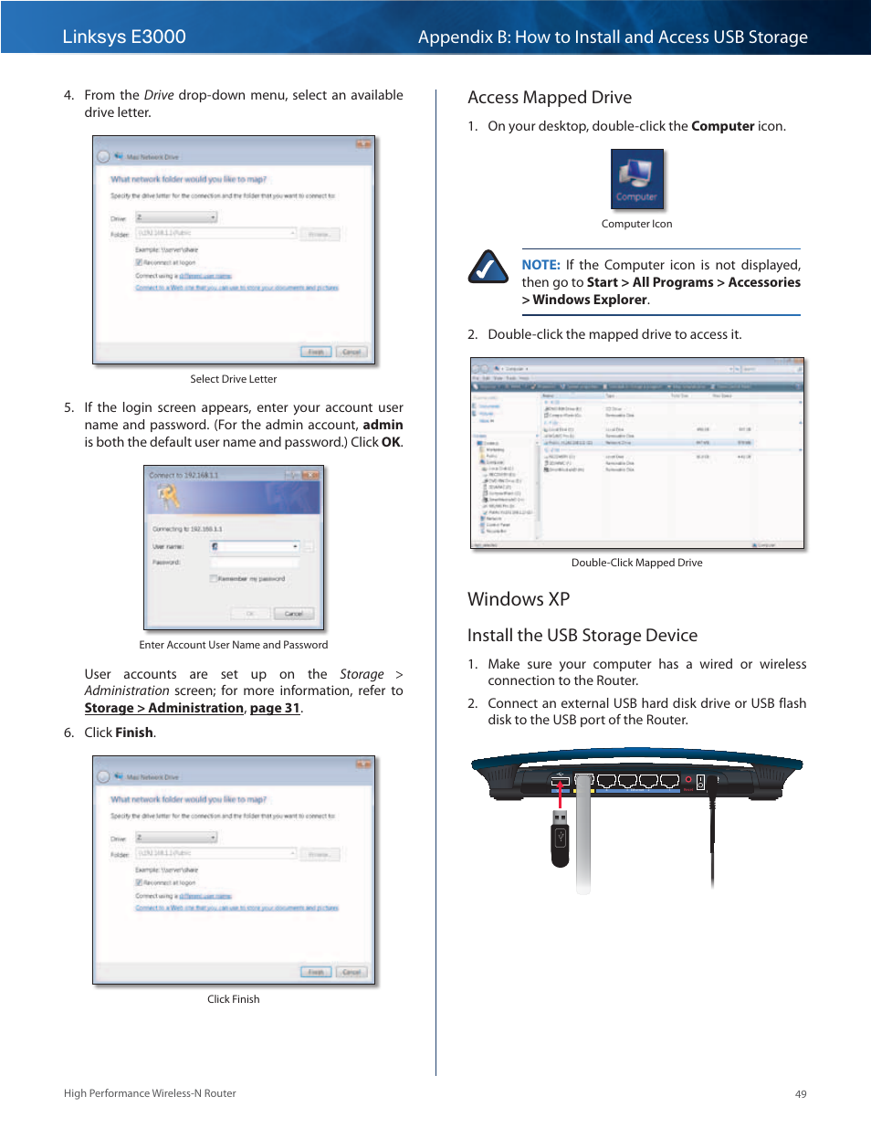 Windows xp, Access mapped drive, Install the usb storage device | Linksys E3000 User Manual | Page 52 / 80