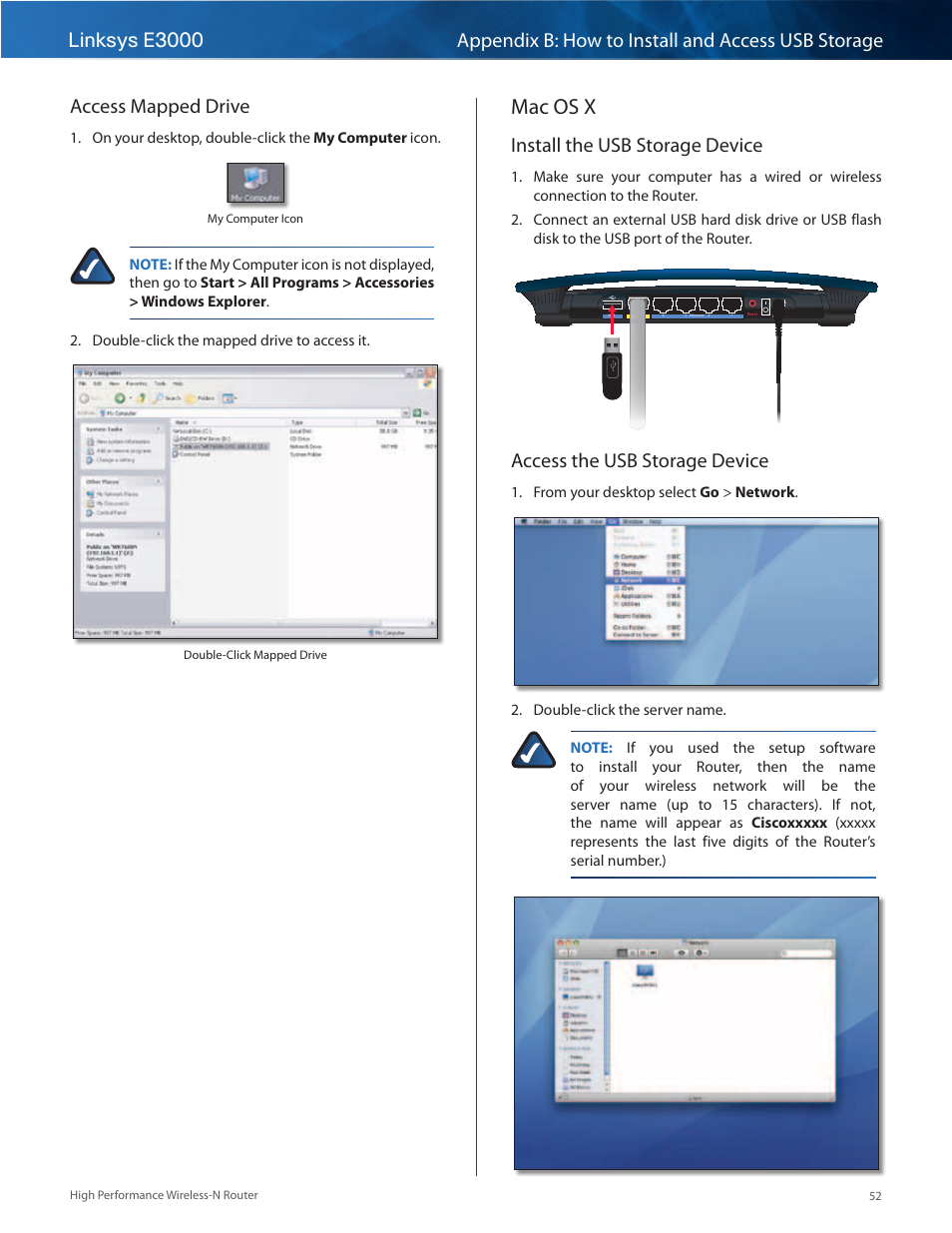 Mac os x, Access mapped drive, Install the usb storage device | Access the usb storage device | Linksys E3000 User Manual | Page 55 / 80