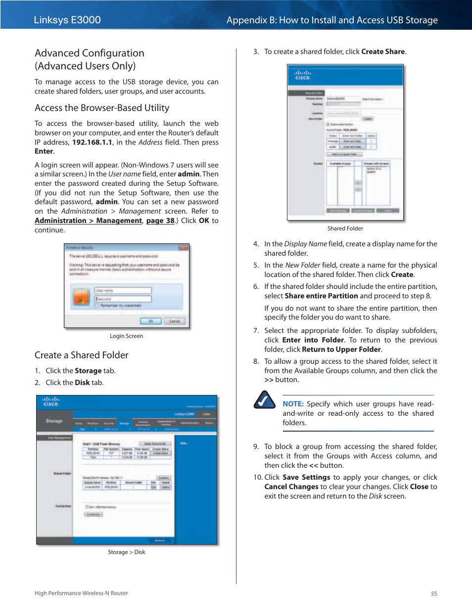 Advanced configuration (advanced users only), Advanced configuration, Advanced users only) | Access the browser-based utility, Create a shared folder | Linksys E3000 User Manual | Page 58 / 80