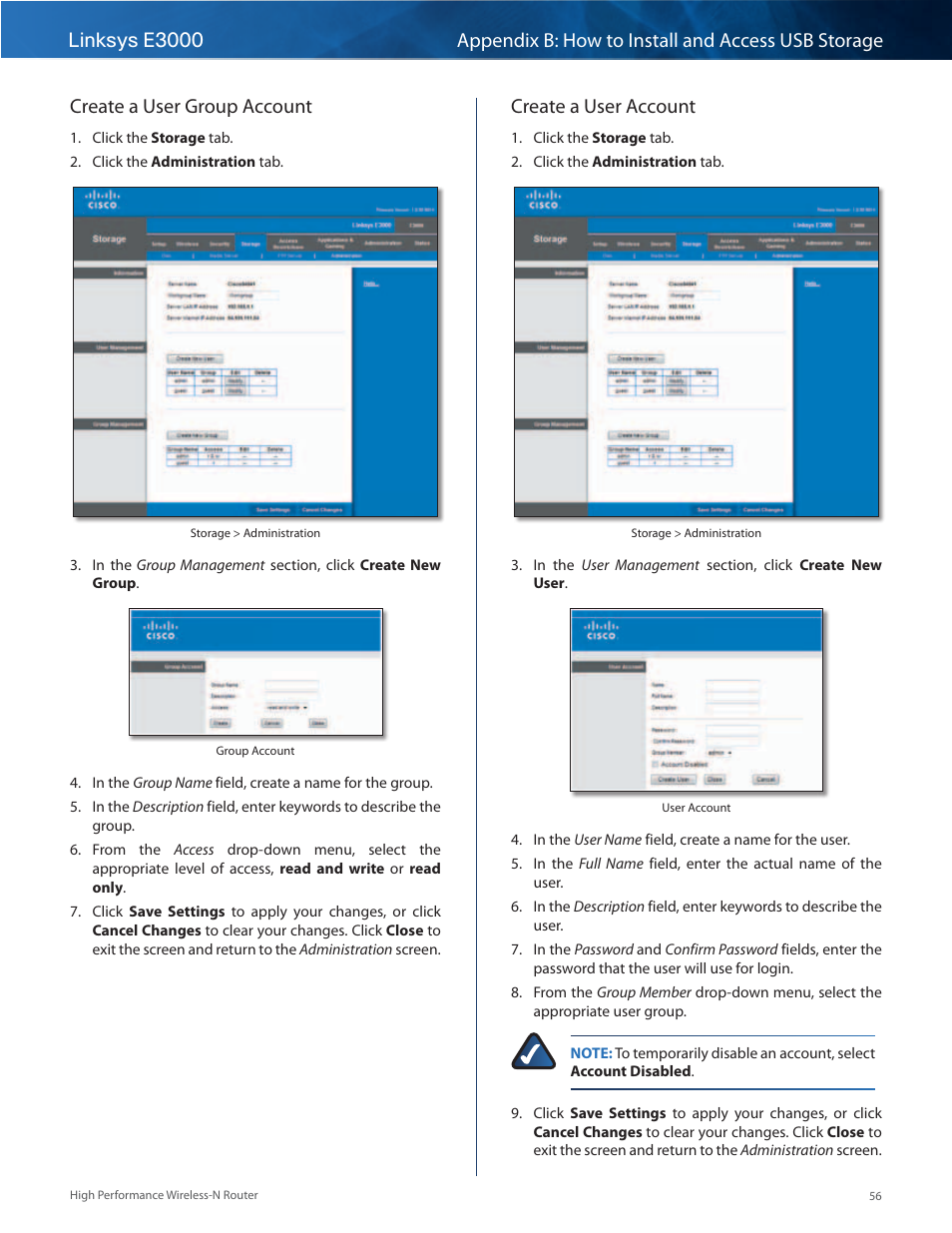 Create a user group account, Create a user account | Linksys E3000 User Manual | Page 59 / 80