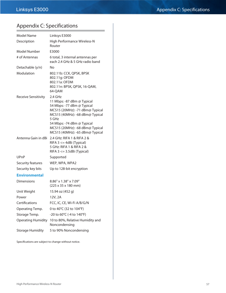 Appendix c: specifications, Linksys e3000 appendix c: specifications | Linksys E3000 User Manual | Page 60 / 80