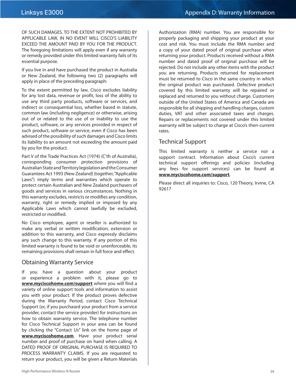 Linksys e3000 appendix d: warranty information, Obtaining warranty service, Technical support | Linksys E3000 User Manual | Page 62 / 80