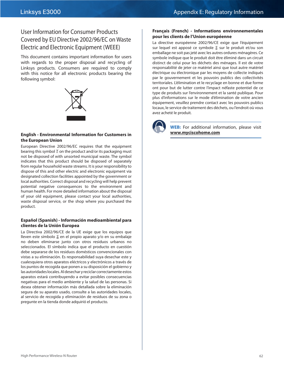 Electric and electronic equipment (weee), Linksys e3000 appendix e: regulatory information | Linksys E3000 User Manual | Page 65 / 80