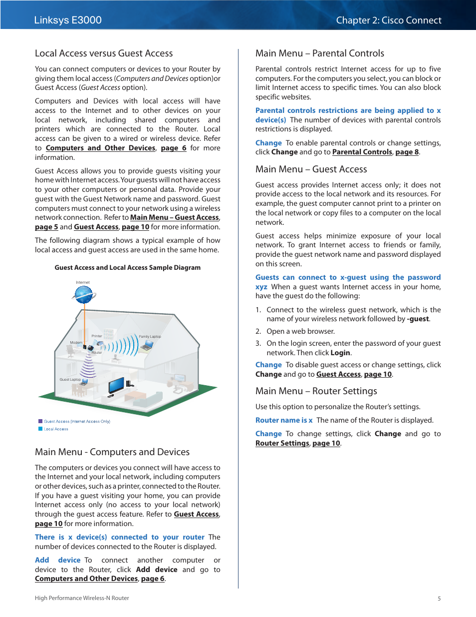 Local access versus guest access, Main menu - computers and devices, Main menu – parental controls | Main menu – guest access, Main menu – router settings | Linksys E3000 User Manual | Page 8 / 80
