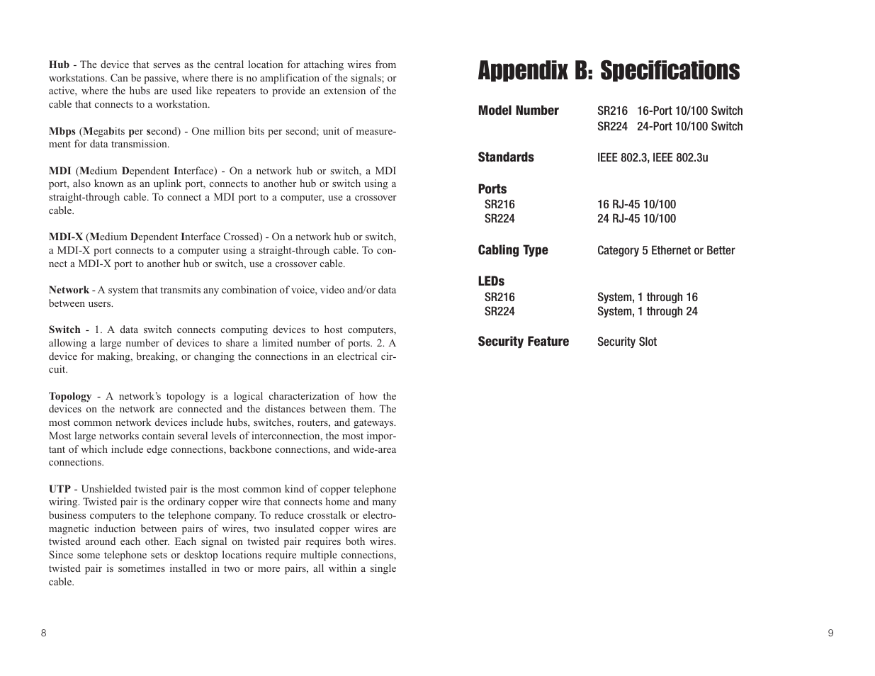 Appendix b: specifications | Linksys SR216 User Manual | Page 7 / 9