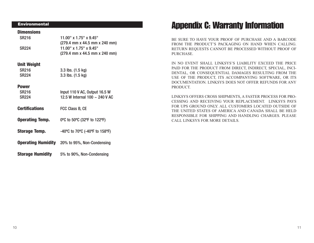 Appendix c: warranty information | Linksys SR216 User Manual | Page 8 / 9