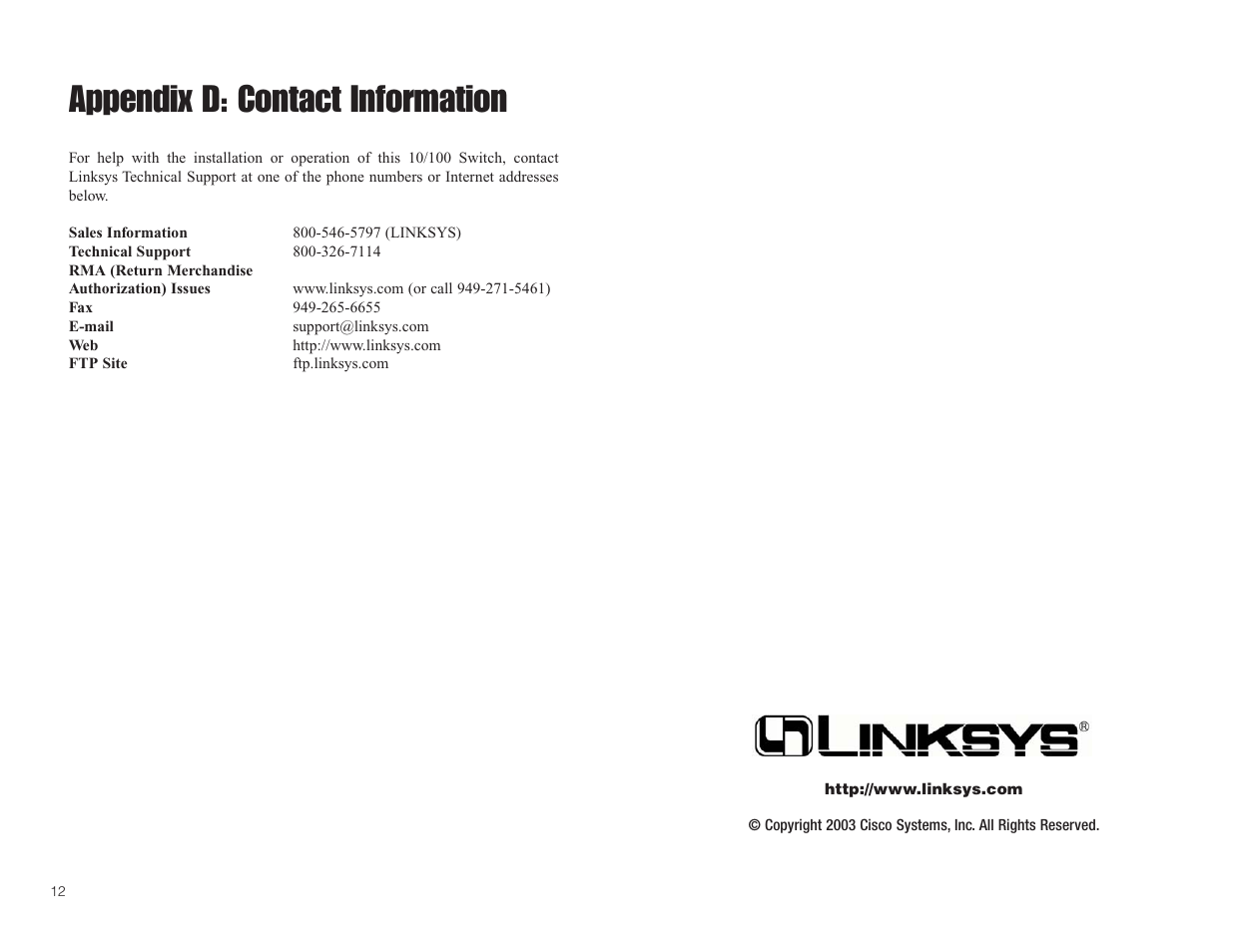Appendix d: contact information | Linksys SR216 User Manual | Page 9 / 9