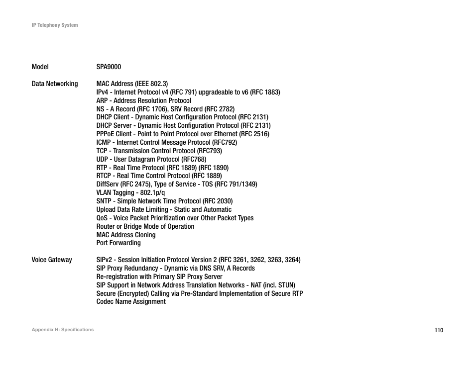 Appendix h: specifications | Linksys SPA9000 User Manual | Page 117 / 128
