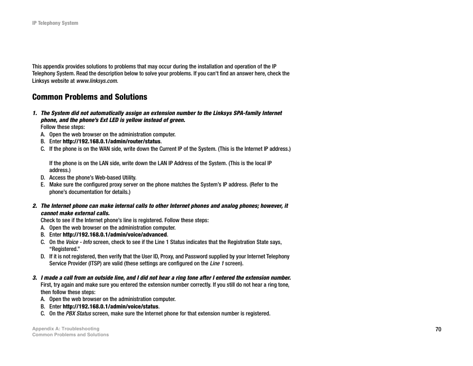 Appendix a: troubleshooting, Common problems and solutions | Linksys SPA9000 User Manual | Page 77 / 128