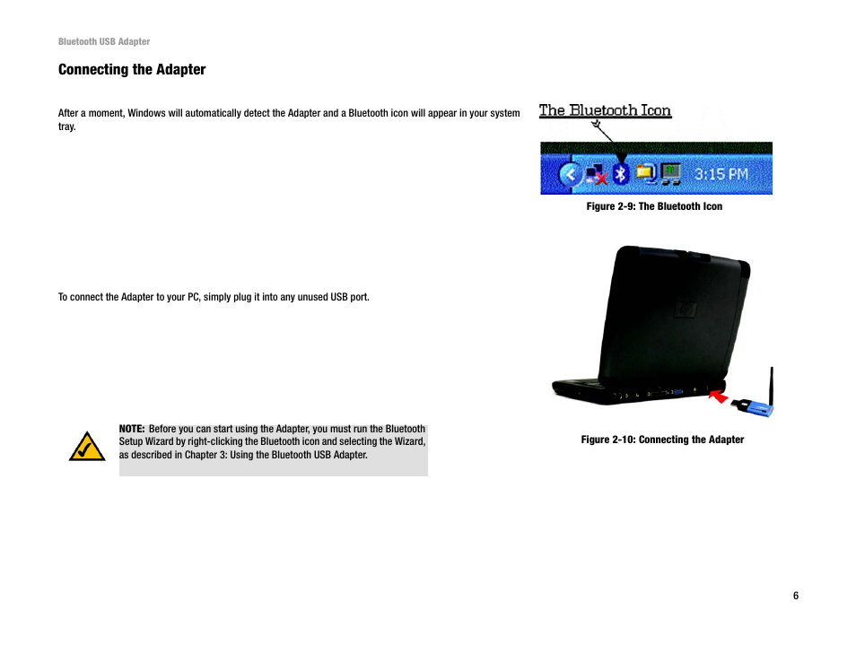 Connecting the adapter | Linksys USBBT100 User Manual | Page 10 / 33