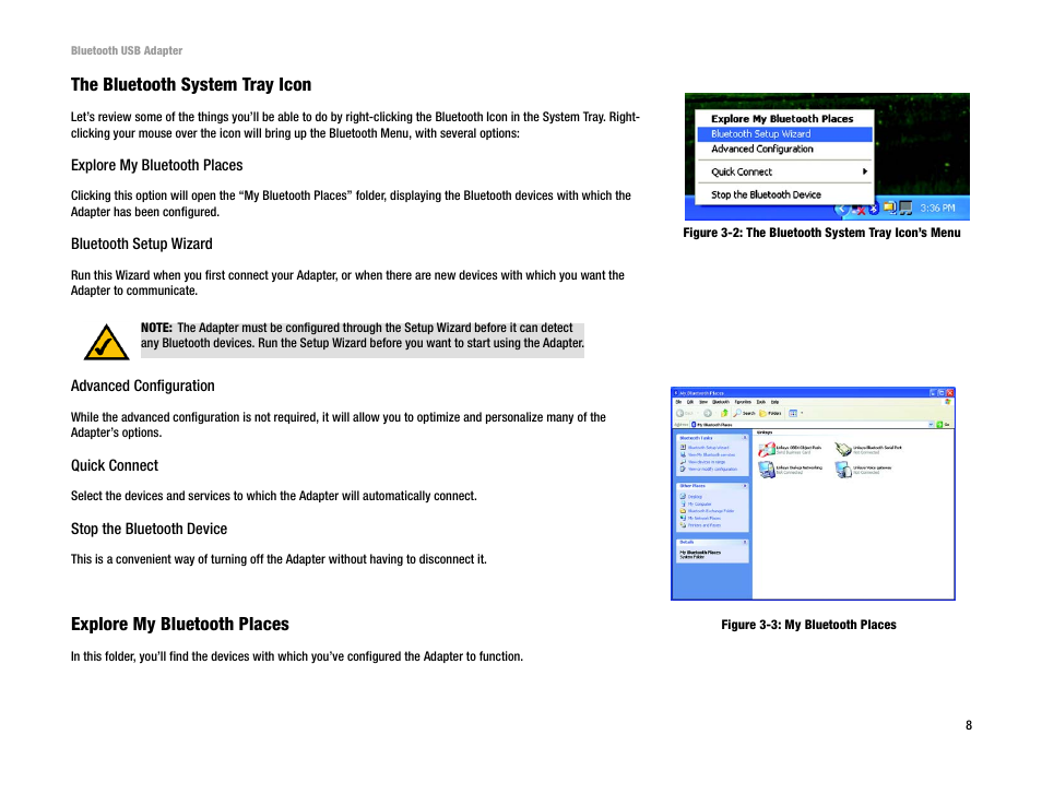 The bluetooth system tray icon, Explore my bluetooth places | Linksys USBBT100 User Manual | Page 12 / 33