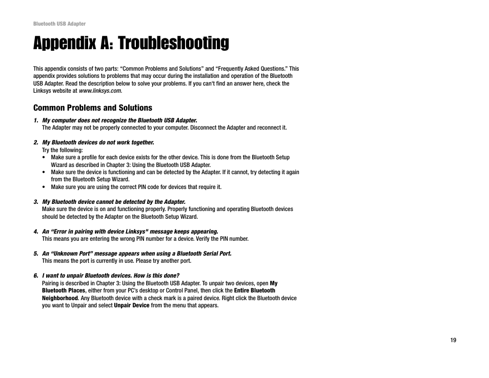 Appendix a: troubleshooting, Common problems and solutions | Linksys USBBT100 User Manual | Page 23 / 33