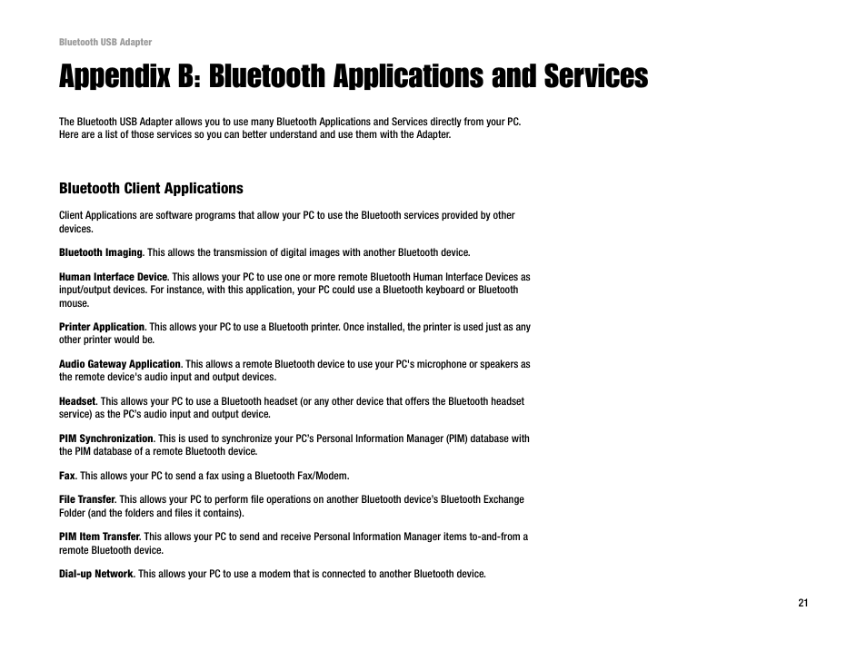 Appendix b: bluetooth applications and services | Linksys USBBT100 User Manual | Page 25 / 33