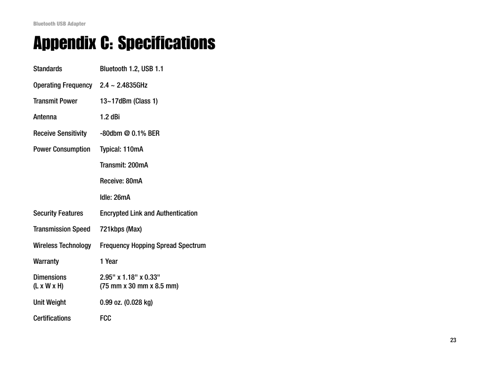 Appendix c: specifications | Linksys USBBT100 User Manual | Page 27 / 33