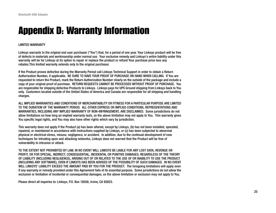 Appendix d: warranty information | Linksys USBBT100 User Manual | Page 29 / 33