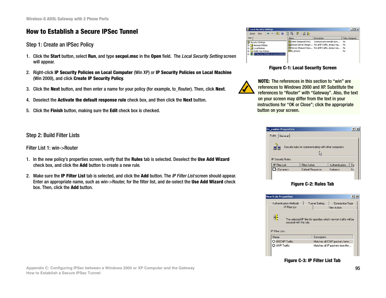 How to establish a secure ipsec tunnel | Linksys 2.4 GHz 802.11g Wireless-G ADSL Gateway with 2 Ports WAG54GP2 User Manual | Page 103 / 137