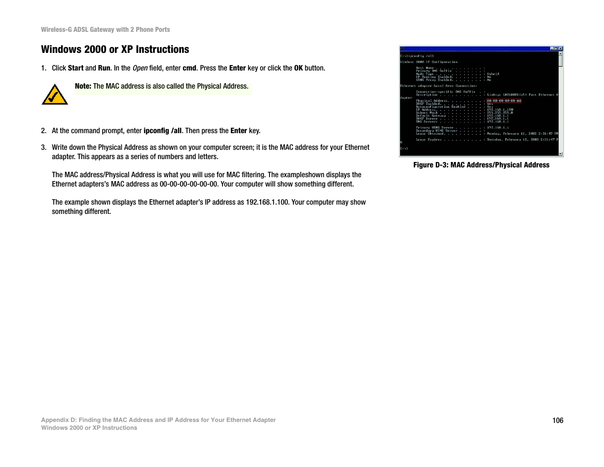 Windows 2000 or xp instructions | Linksys 2.4 GHz 802.11g Wireless-G ADSL Gateway with 2 Ports WAG54GP2 User Manual | Page 114 / 137