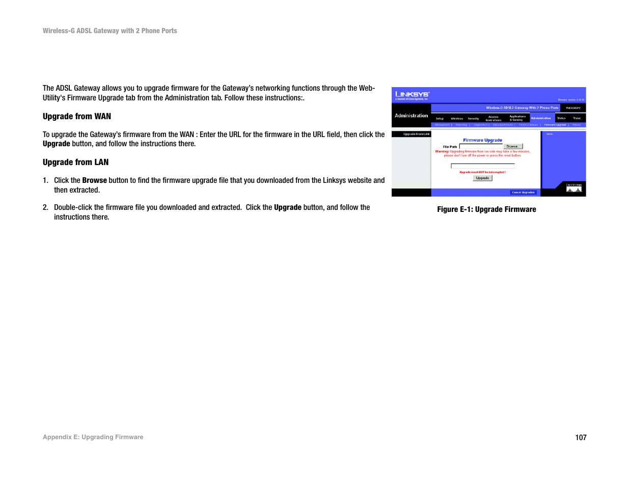 Appendix e: upgrading firmware | Linksys 2.4 GHz 802.11g Wireless-G ADSL Gateway with 2 Ports WAG54GP2 User Manual | Page 115 / 137