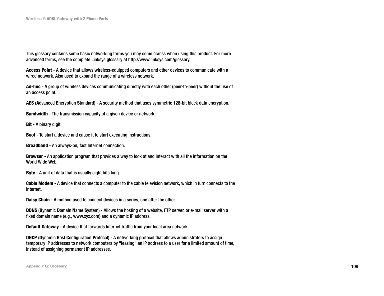 Appendix g: glossary | Linksys 2.4 GHz 802.11g Wireless-G ADSL Gateway with 2 Ports WAG54GP2 User Manual | Page 117 / 137