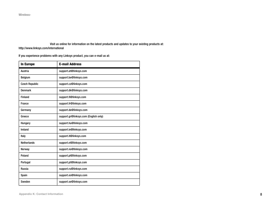 Appendix k: contact information | Linksys 2.4 GHz 802.11g Wireless-G ADSL Gateway with 2 Ports WAG54GP2 User Manual | Page 136 / 137
