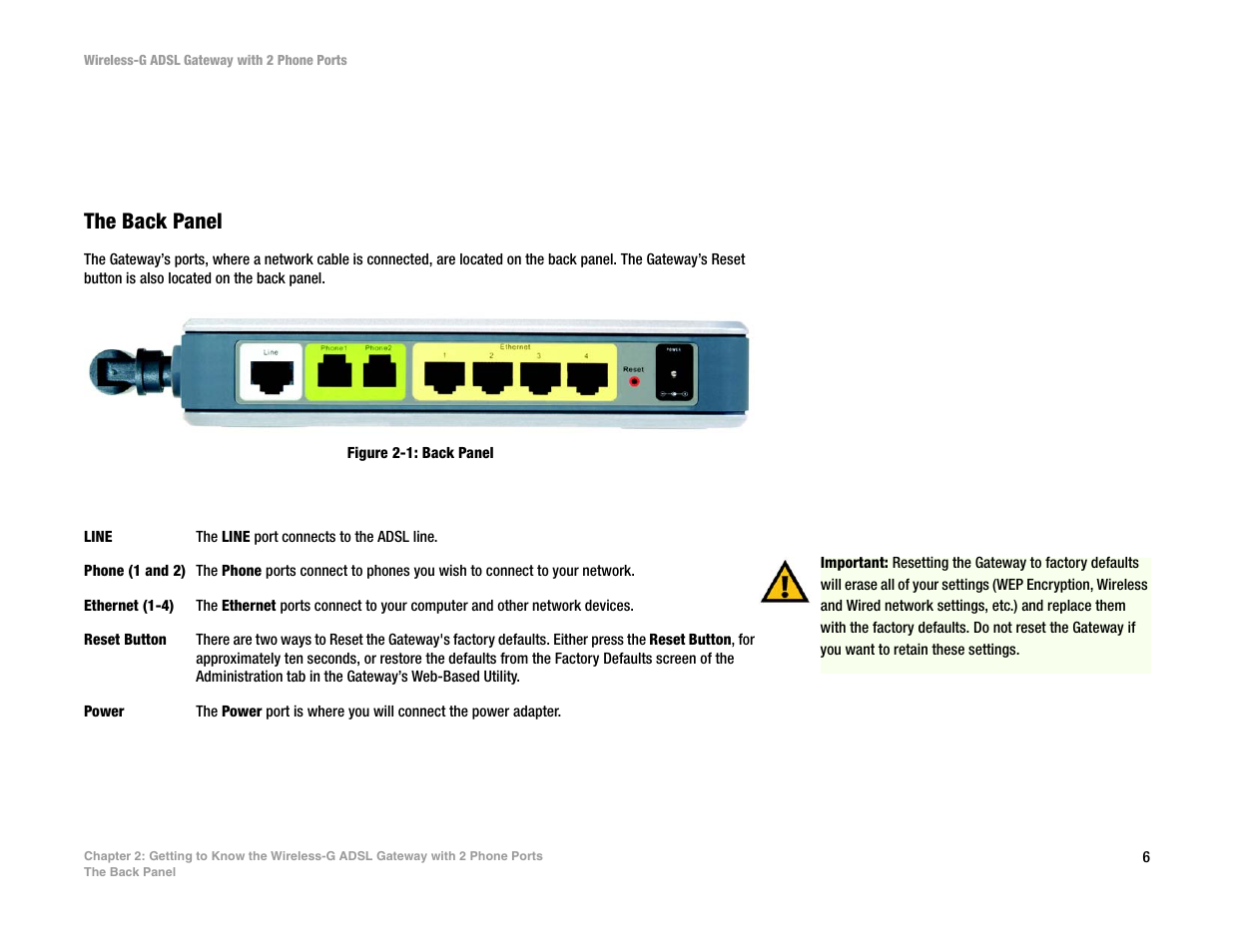 The back panel | Linksys 2.4 GHz 802.11g Wireless-G ADSL Gateway with 2 Ports WAG54GP2 User Manual | Page 15 / 137