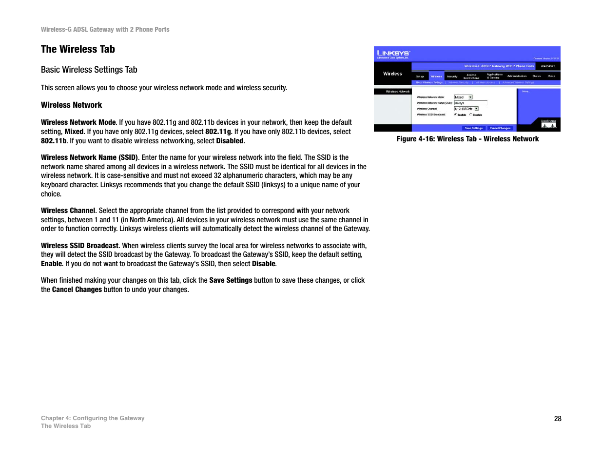 The wireless tab | Linksys 2.4 GHz 802.11g Wireless-G ADSL Gateway with 2 Ports WAG54GP2 User Manual | Page 37 / 137