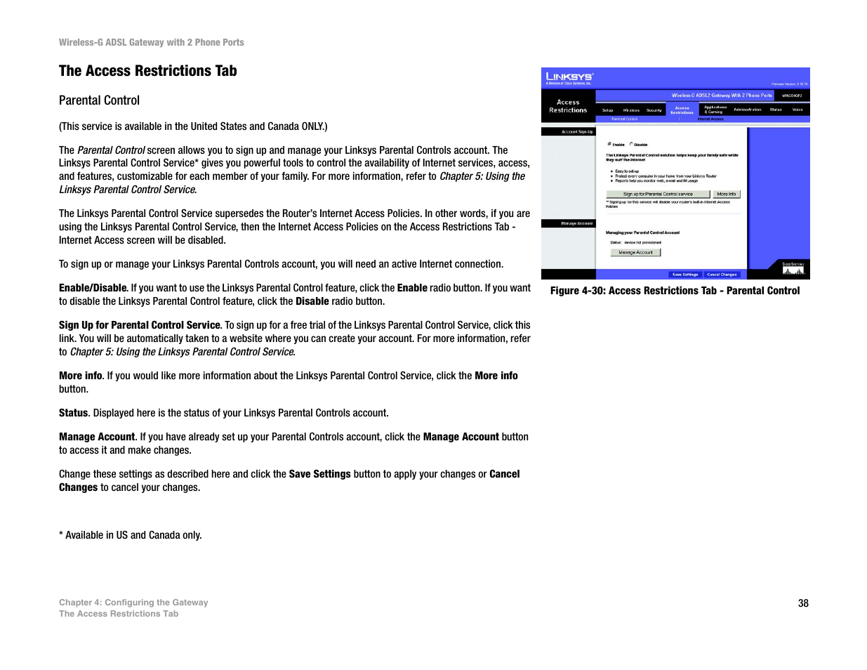 The access restrictions tab | Linksys 2.4 GHz 802.11g Wireless-G ADSL Gateway with 2 Ports WAG54GP2 User Manual | Page 47 / 137