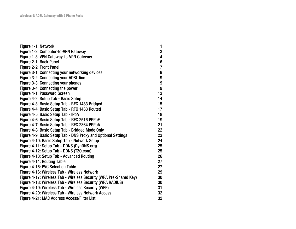 List of figures | Linksys 2.4 GHz 802.11g Wireless-G ADSL Gateway with 2 Ports WAG54GP2 User Manual | Page 5 / 137