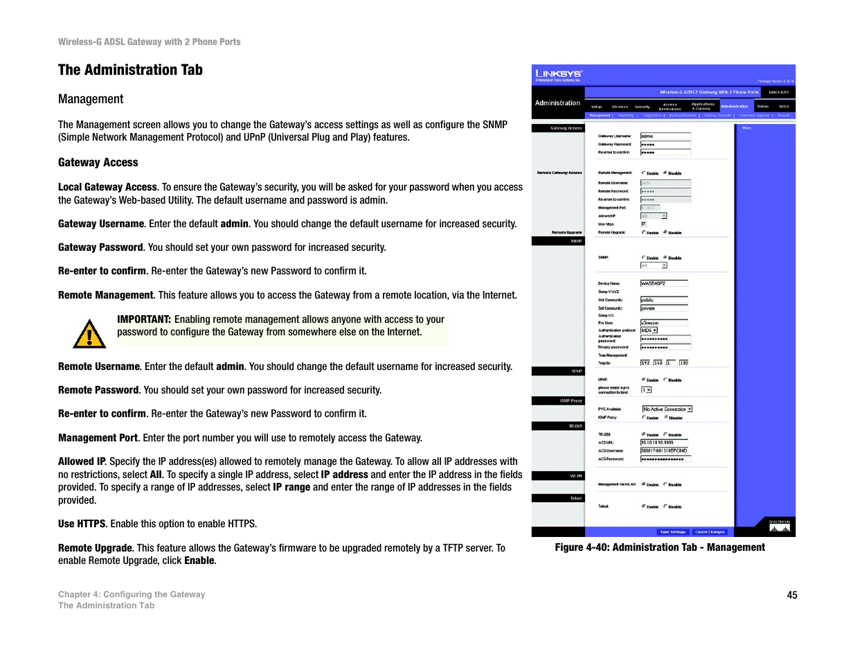 The administration tab | Linksys 2.4 GHz 802.11g Wireless-G ADSL Gateway with 2 Ports WAG54GP2 User Manual | Page 54 / 137