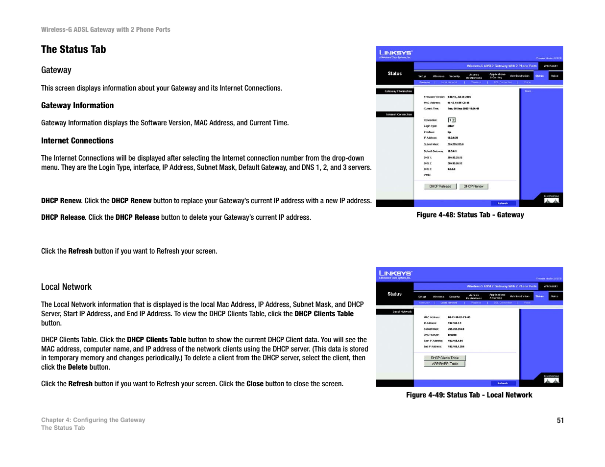 The status tab | Linksys 2.4 GHz 802.11g Wireless-G ADSL Gateway with 2 Ports WAG54GP2 User Manual | Page 60 / 137