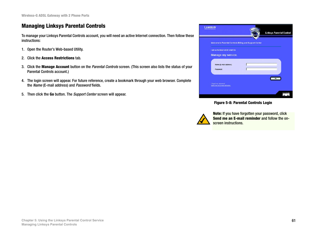 Managing linksys parental controls | Linksys 2.4 GHz 802.11g Wireless-G ADSL Gateway with 2 Ports WAG54GP2 User Manual | Page 69 / 137