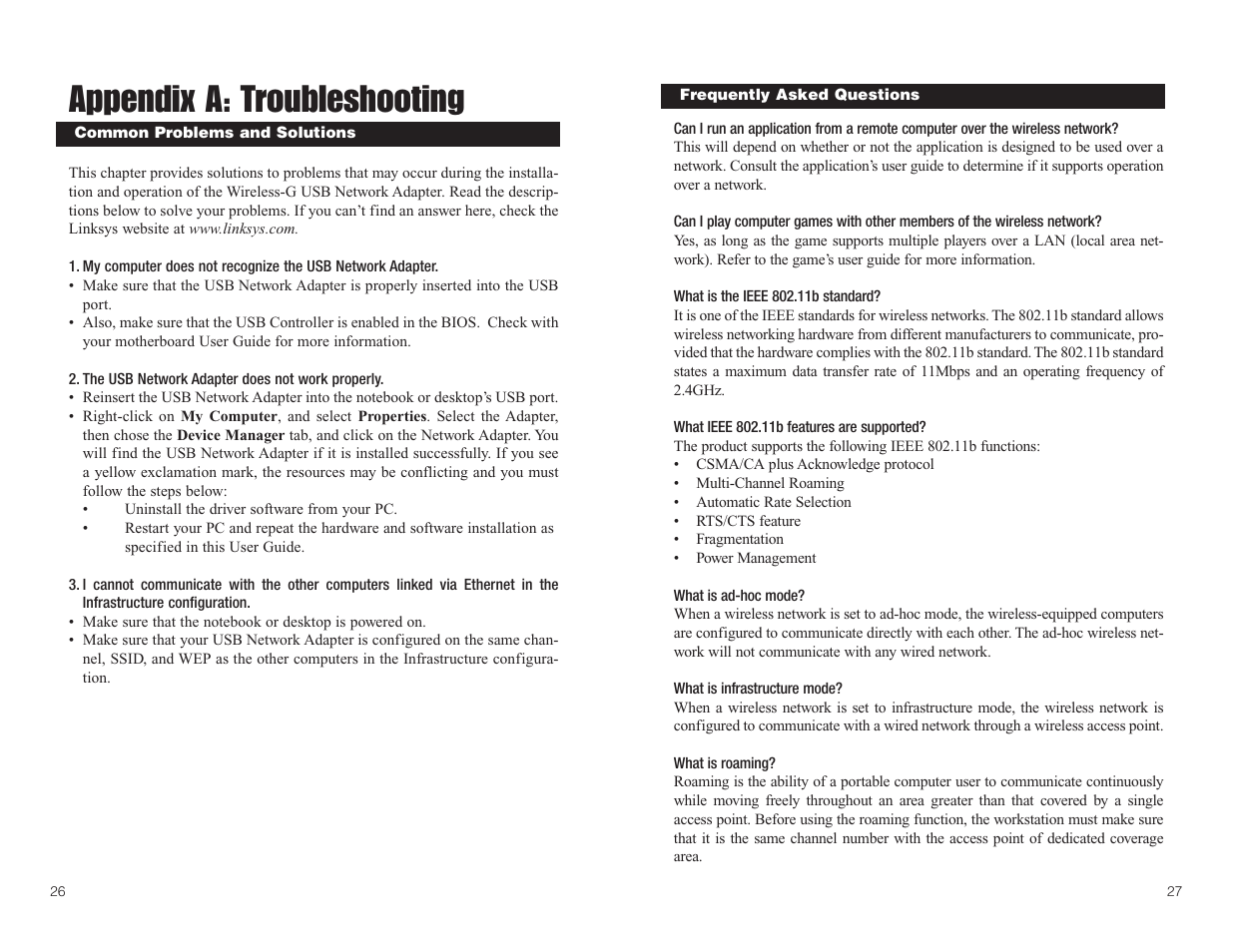 Appendix a: troubleshooting | Linksys WUSB54G User Manual | Page 17 / 25