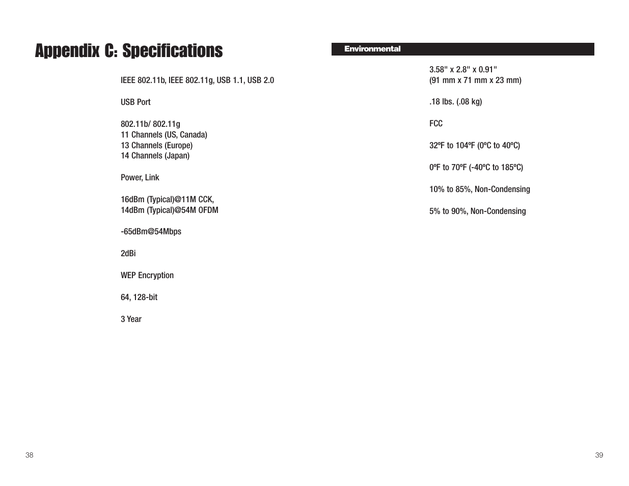 Appendix c: specifications | Linksys WUSB54G User Manual | Page 23 / 25