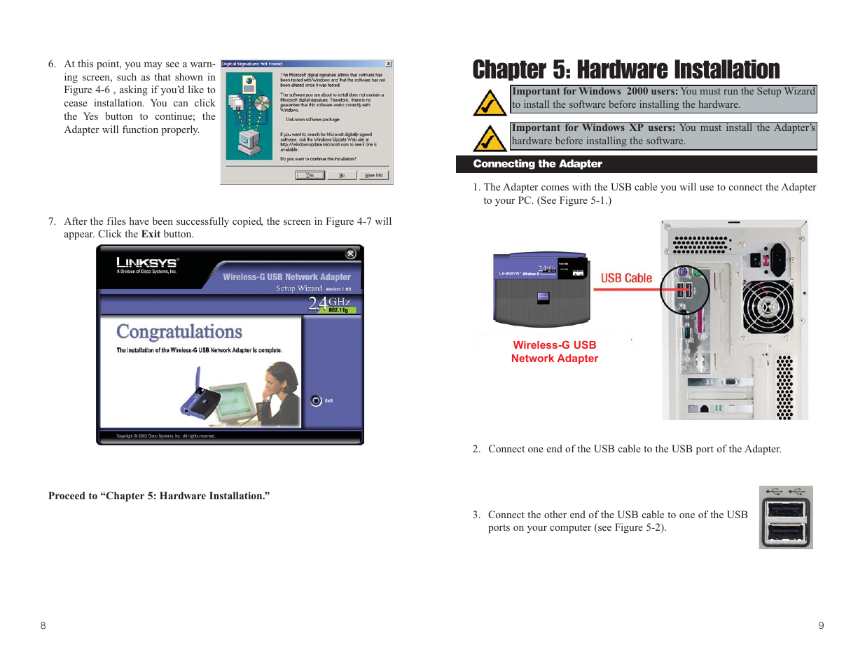 Chapter 5: hardware installation | Linksys WUSB54G User Manual | Page 8 / 25