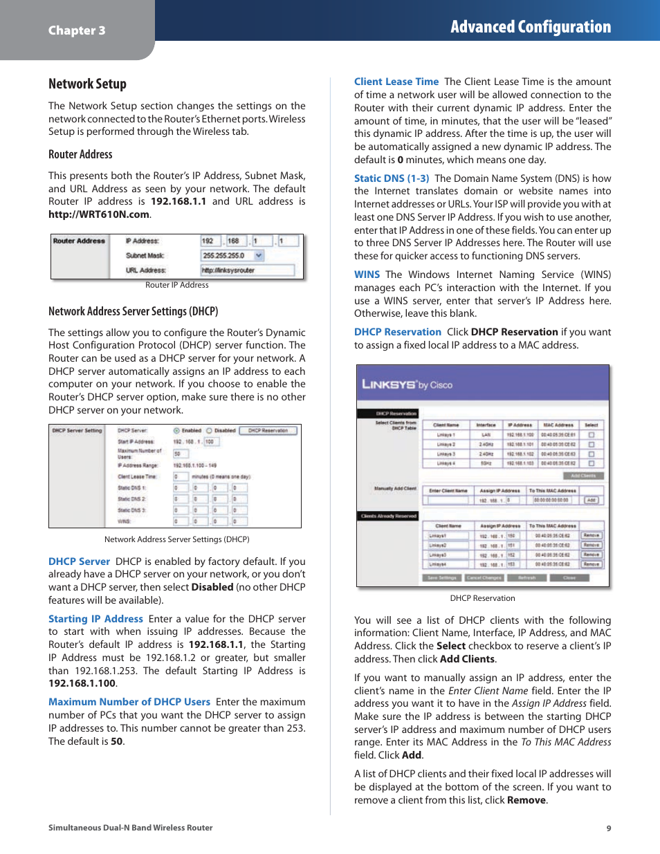Advanced configuration, Network setup | Linksys CISCO WRT610N User Manual | Page 11 / 58