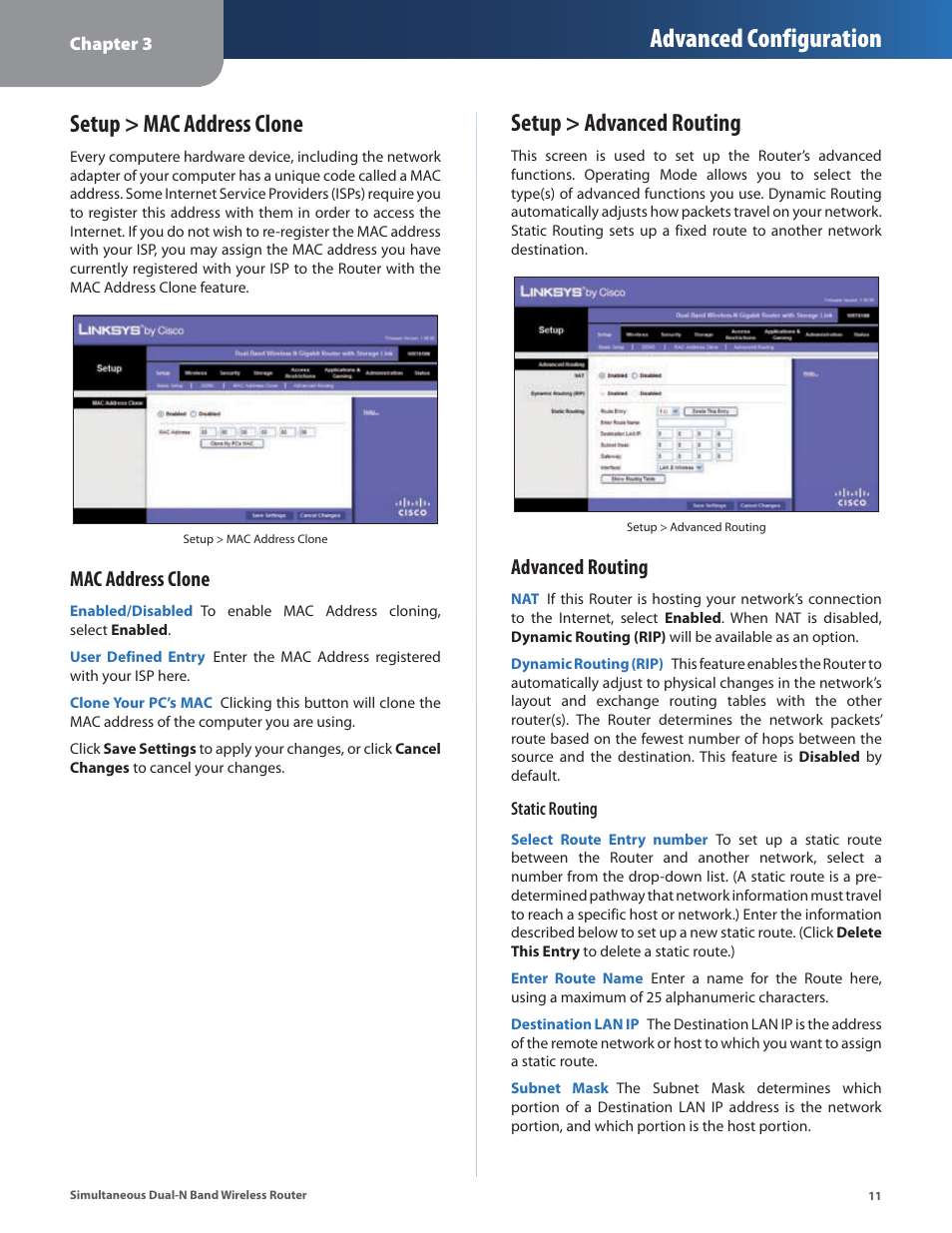 Setup > mac address clone, Setup > advanced routing, Setup > mac address clone setup > advanced routing | Advanced configuration, Mac address clone, Advanced routing | Linksys CISCO WRT610N User Manual | Page 13 / 58