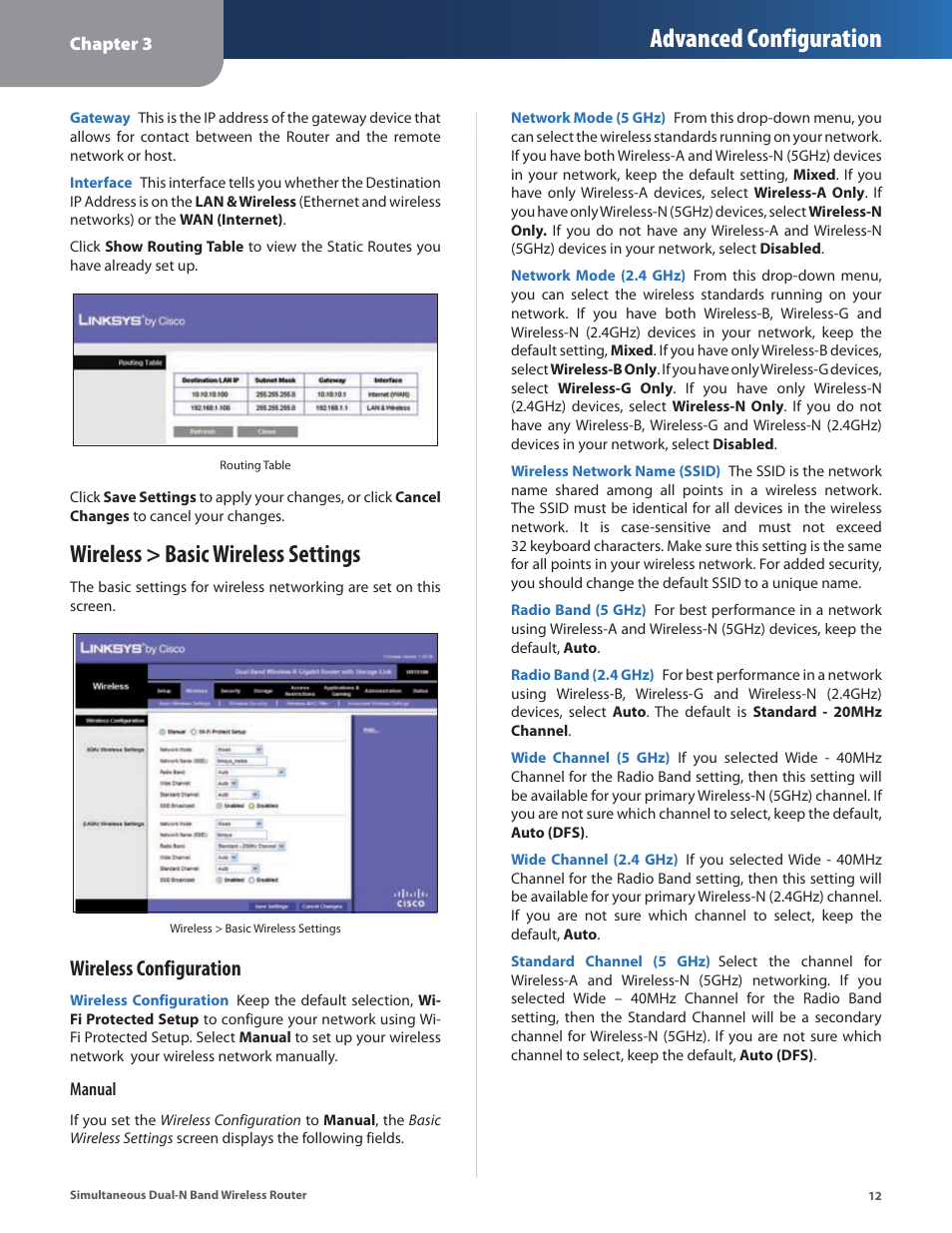 Wireless > basic wireless settings, Advanced configuration, Wireless configuration | Linksys CISCO WRT610N User Manual | Page 14 / 58