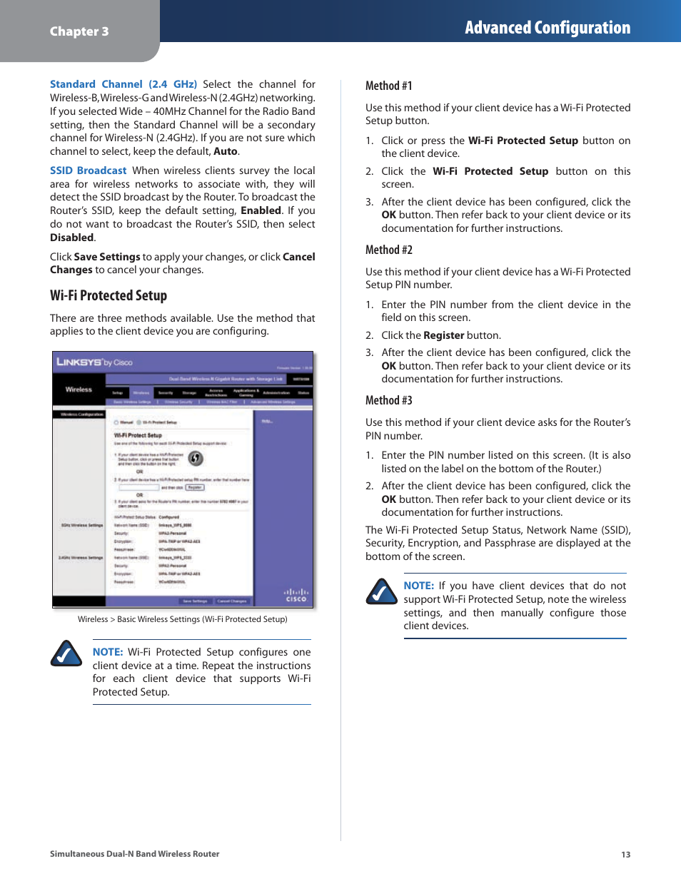 Advanced configuration, Wi-fi protected setup | Linksys CISCO WRT610N User Manual | Page 15 / 58