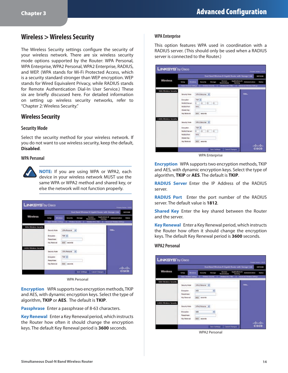 Advanced configuration, Wireless > wireless security, Wireless security | Linksys CISCO WRT610N User Manual | Page 16 / 58