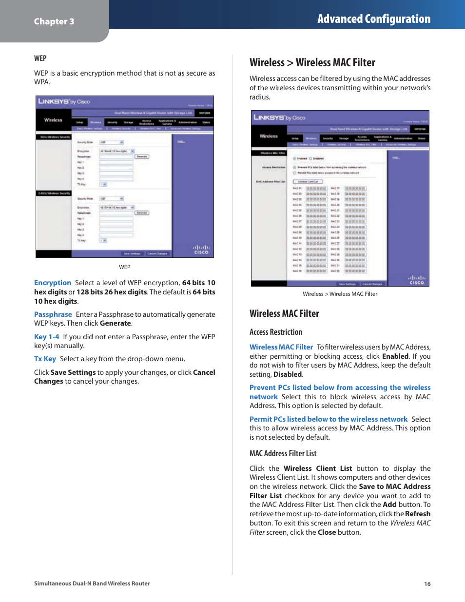 Wireless > wireless mac filter, Advanced configuration, Wireless mac filter | Linksys CISCO WRT610N User Manual | Page 18 / 58
