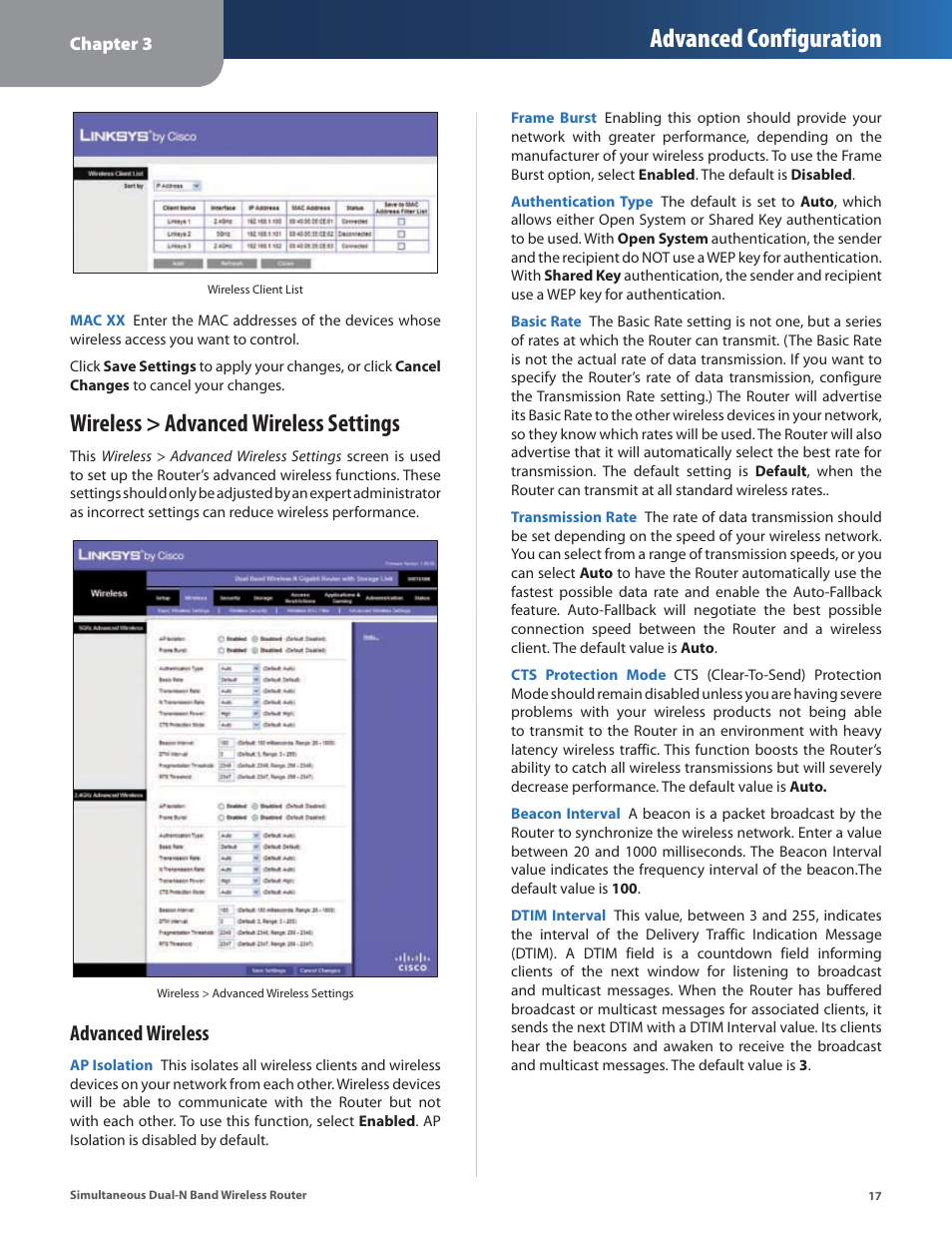 Wireless > advanced wireless settings, Advanced configuration, Advanced wireless | Linksys CISCO WRT610N User Manual | Page 19 / 58