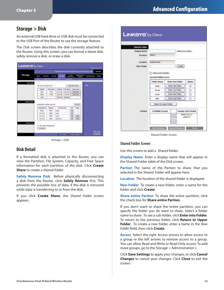 Storage > disk, Advanced configuration, Disk detail | Linksys CISCO WRT610N User Manual | Page 21 / 58