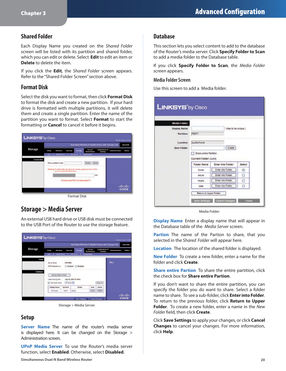 Storage > media server, Advanced configuration, Shared folder | Format disk, Setup, Database | Linksys CISCO WRT610N User Manual | Page 22 / 58