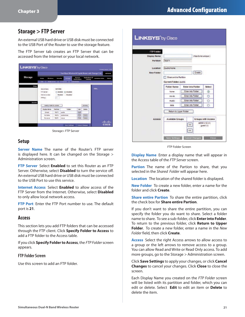 Storage > ftp server, Advanced configuration, Setup | Access | Linksys CISCO WRT610N User Manual | Page 23 / 58