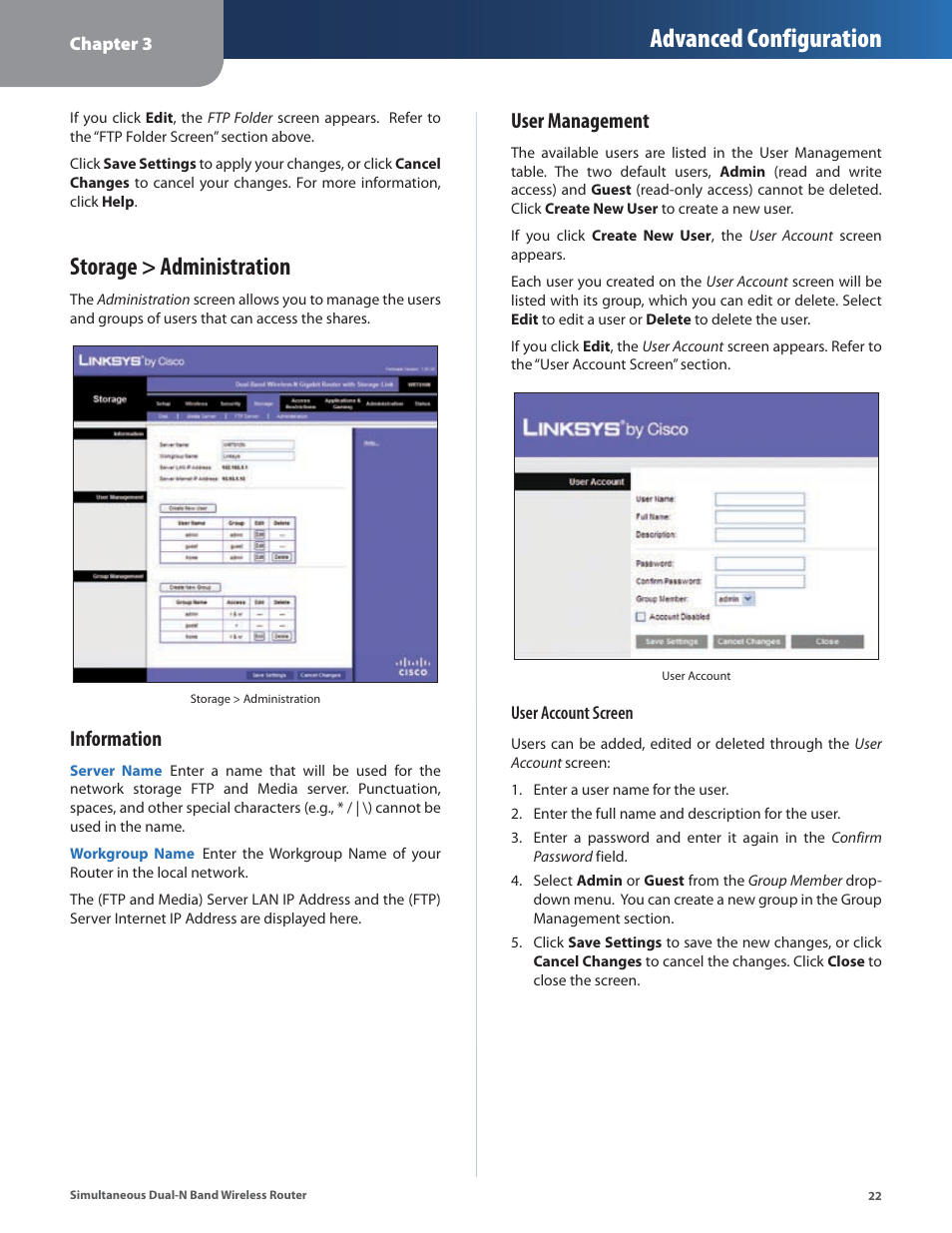 Storage > administration, Advanced configuration, Information | User management | Linksys CISCO WRT610N User Manual | Page 24 / 58