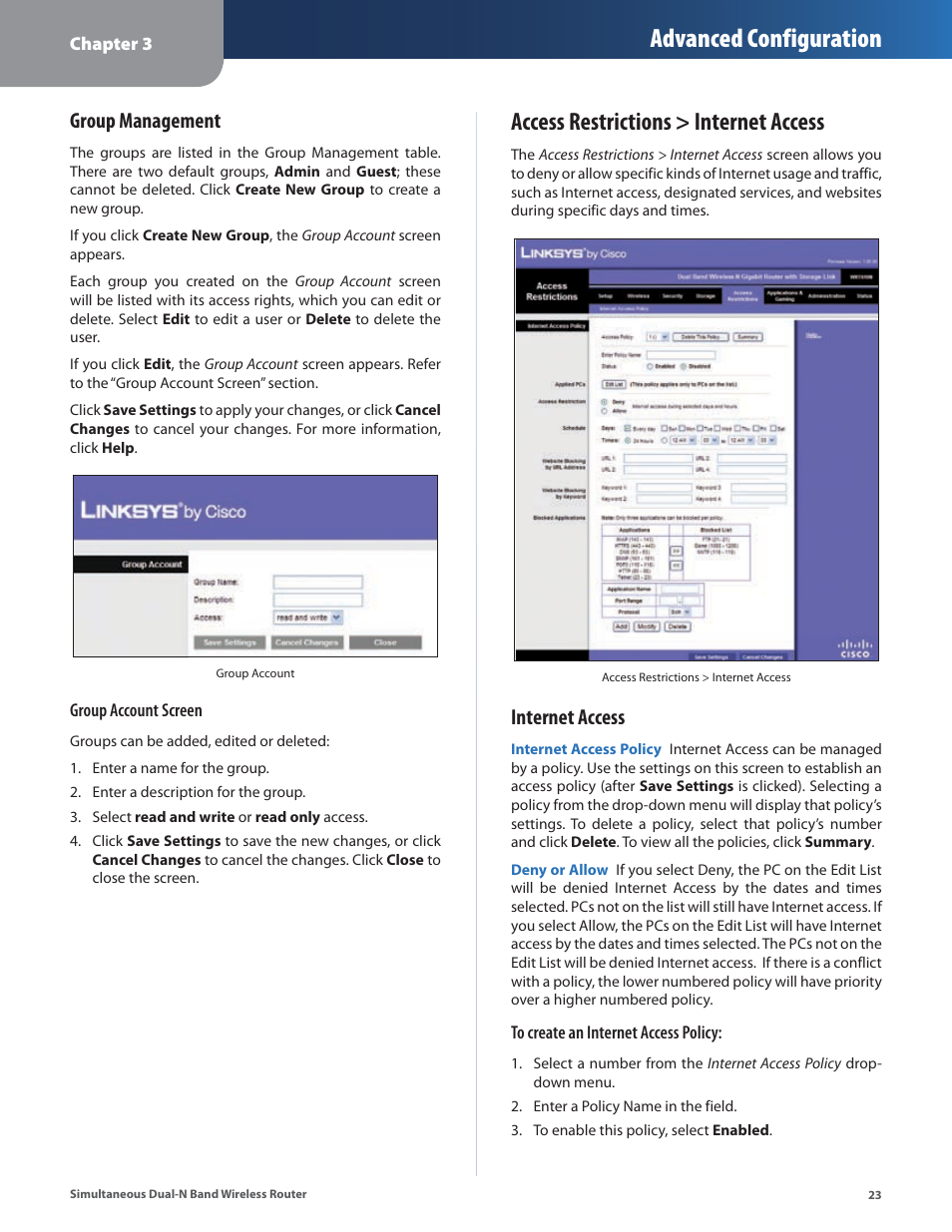 Access restrictions > internet access, Advanced configuration, Group management | Internet access | Linksys CISCO WRT610N User Manual | Page 25 / 58
